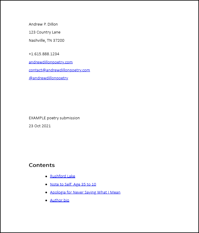 A screenshot of an example PDF generated by my localhost submission workflow. It contains author contact info, the name of the journal I'm submitting to, the date, and a hyperlinked list of the poems it contains.